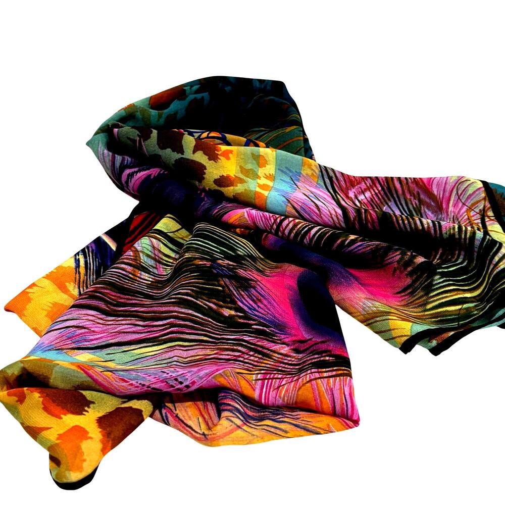 Colorful peacock feather pattern scarf shawl lightweight wrap blue pink & orange